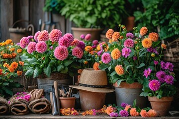 Fototapeta na wymiar Vibrant garden flowers in pots, gardening concept. Ideal for garden centers or horticulture guides. 