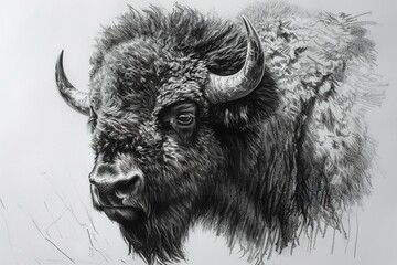 realistic pencil sketch of a head of bison, wild animal illustration