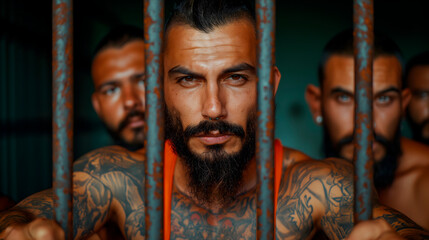 Retrato de un grupo de de pandilleros latinos con tatuajes  - obrazy, fototapety, plakaty