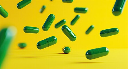 Capsule pills arranged neatly on a vibrant yellow background, symbolizing pharmacy medicaments and medical care.