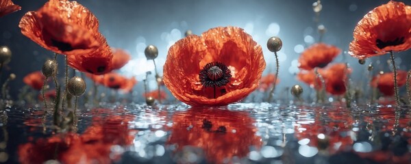 there are many red flowers that are in the water