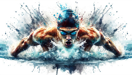Intense, action-packed illustration of a swimmer crossing water, with dynamic splashes and a vivid sense of motion, rendered in a watercolor style. Sports concept. AI generated.