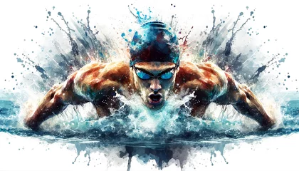Fotobehang Intense, action-packed illustration of a swimmer crossing water, with dynamic splashes and a vivid sense of motion, rendered in a watercolor style. Sports concept. AI generated. © Czintos Ödön
