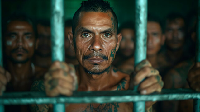Retrato de un grupo de de pandilleros latinos con tatuajes 