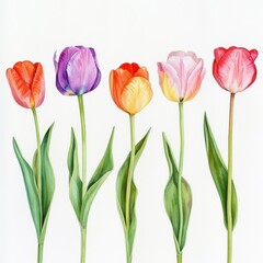 Obraz premium five spring tulip flowers on a white background. concept: spring, flowers,
