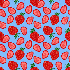 Strawberry seamless pattern on a blue background. Hand drawn design, food print.