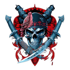 Illustrations of pirate skulls, samurai skulls, blue monster skulls for mascots, t-shirt images