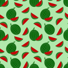Watermelon seamless pattern on a green background. Cute hand drawn design.