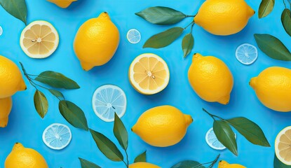 The contrast of yellow lemons against a blue backdrop creates a visually striking composition, capturing the essence of summer.