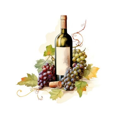 illustration of a branch of dark black grapes and one bottle of wine with a label without text with empty space for inscription on a white background. winemaking concept, postcard