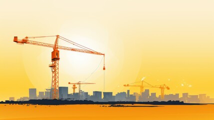 illustration drawing of a crane against the backdrop of the city in the evening and sunset in orange tones. concept construction, city,  building