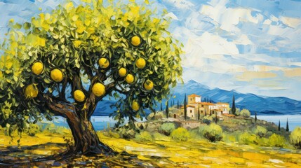 illustration painted with acrylic. lemon Sicilian tree and southern sunny landscape. concept painting, sicily, sun, lemons - obrazy, fototapety, plakaty