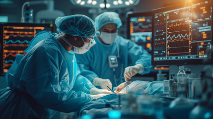 Cooperating team of multi-ethnic surgeons perform organ transplant operation surgery in modern operating office room. Medical staff. Surgical concept.