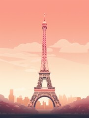 Fototapeta na wymiar illustration postcard with the image of the tower of paris. eiffel madness on pink and peach background retro style. concept France, tower, postcard