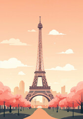 illustration postcard with the image of the tower of paris. eiffel madness on pink and peach background retro style. concept France, tower, postcard