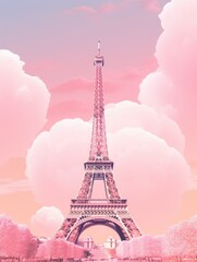 Fototapeta na wymiar illustration postcard with the image of the tower of paris. eiffel madness on pink and peach background retro style. concept France, tower, postcard