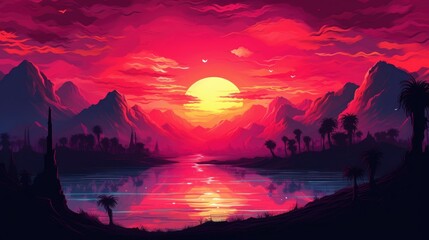 mountain landscape in very bright colors with a beautiful sunset. concept landscape, acrylic, graphics, sunset, mountains