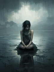 illustration in dark colors. young teenage girl in depression, violence, in a victim's pose. concept depression, loneliness, sadness, isolation, violence
