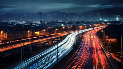Obraz premium High speed urban traffic on a city highway at night. Generate AI image