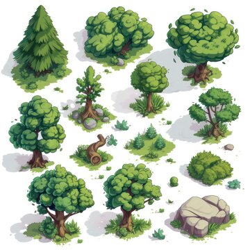 Mobile game environment asset: a set of trees in isometric view.