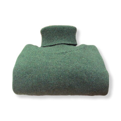 folded green wool turtleneck sweater on isolated white background