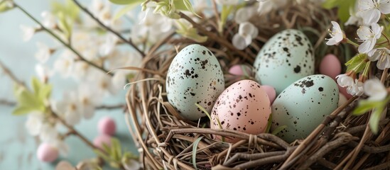 Easter egg decoration featuring pastel colors, floral embellishments, branches, and quail eggs in a basket.