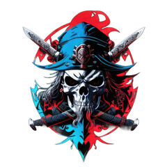 Illustrations of pirate skulls, samurai skulls, blue monster skulls for mascots, t-shirt images - obrazy, fototapety, plakaty