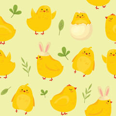 Cartoon seamless pattern of Easter chickens.