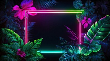 Fototapeta na wymiar neon frame with tropical leaves on a dark background with copy space