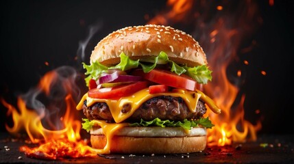 Delicious burger with fire flames on black texture background - obrazy, fototapety, plakaty