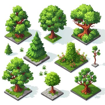 Collection of tree in isometric view , created as a mobile game environment asset