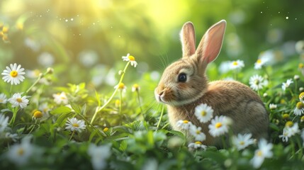 Spring Easter background with bunny in green grass and daisies.