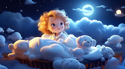 Magic kid dreams. Baby Shower.  Magical children's backgrounds, the embodiment of children's dreams. Child and animals sleeping on a cloud. AI generated.
