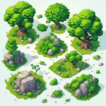 Isometric low-poly tree collection, designed as a mobile game environment asset.