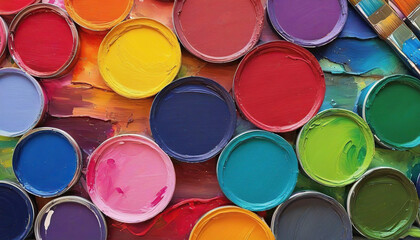 Fototapeta premium Colorful paint cans on a blue wooden background, close-up