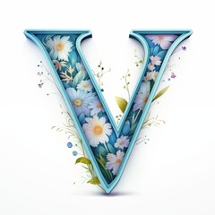 Vintage floral font. Letter V with flowers. Illustration. Ai generative.