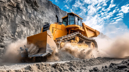Bulldozer in Action at a Dusty Construction Site Against a Blue Sky.