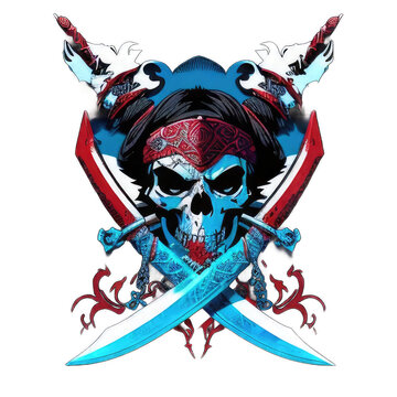 Illustrations of pirate skulls, samurai skulls, blue monster skulls for mascots, t-shirt images