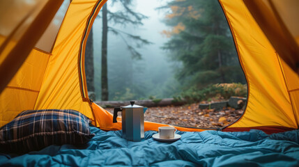 A camping tent in a nature hiking spot (view from inside the tent)