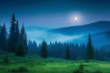 Fir trees on meadow between hillsides with conifer forest in fog with sun and moon at twilight. day and night time change concept. - obrazy, fototapety, plakaty