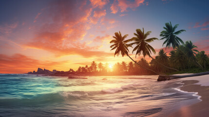 Fototapeta na wymiar Relaxing beach with palm trees and a blue ocean at dawn or sunset. Panorama of a peaceful landscape - Generative AI