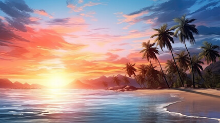 Fototapeta na wymiar Relaxing beach with palm trees and a blue ocean at dawn or sunset. Panorama of a peaceful landscape - Generative AI