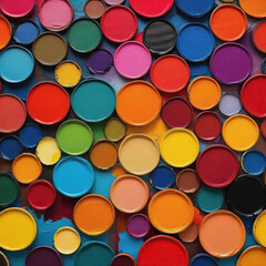Colorful paint cans on a blue wooden background, close-up