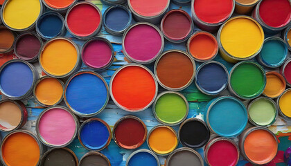 Colorful paint cans on a blue wooden background, close-up