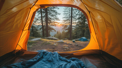 A camping tent in a nature hiking spot (view from inside the tent)