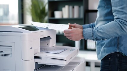 Worker's hands at work printing data sheets in a laser printer at the office. Business Documents concept