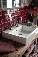 Vintage Charm: Classic Faucet Over White Sink and Red Tiles