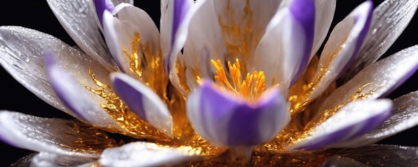 purple and white flower with gold center in a vase