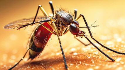 Close-up of a mosquito sitting on a hand and drinking blood. - obrazy, fototapety, plakaty