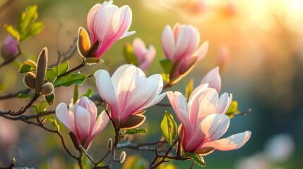 Fototapeta premium Spring background with blooming magnolias.
